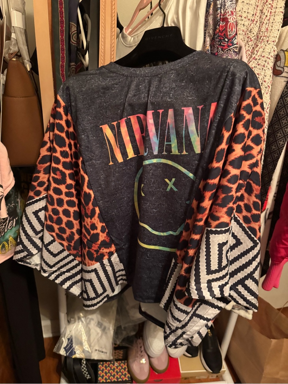 Nirvana Rainbow Logo Tee with Patterned Kimono Sleeves-up-cycled!!